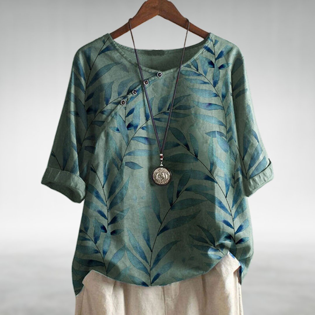 Women's leaf print button-up blouse casual breezy style with nature-inspired motif everyday comfort