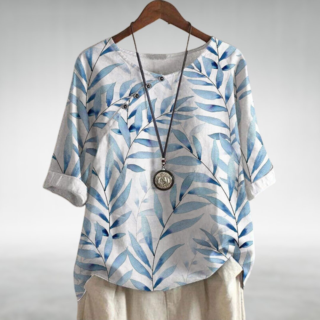 Women's leaf print button-up blouse, casual breezy style with nature-inspired motif for everyday wear