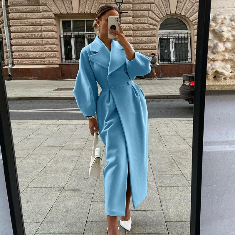 Women's double-breasted long trench coat with wide lapels, tailored fit, timeless office style
