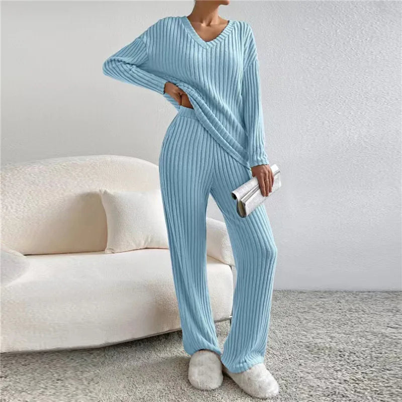 Women's ribbed V-neck two-piece lounge set, loose fit wide-leg pants, casual coordinated style
