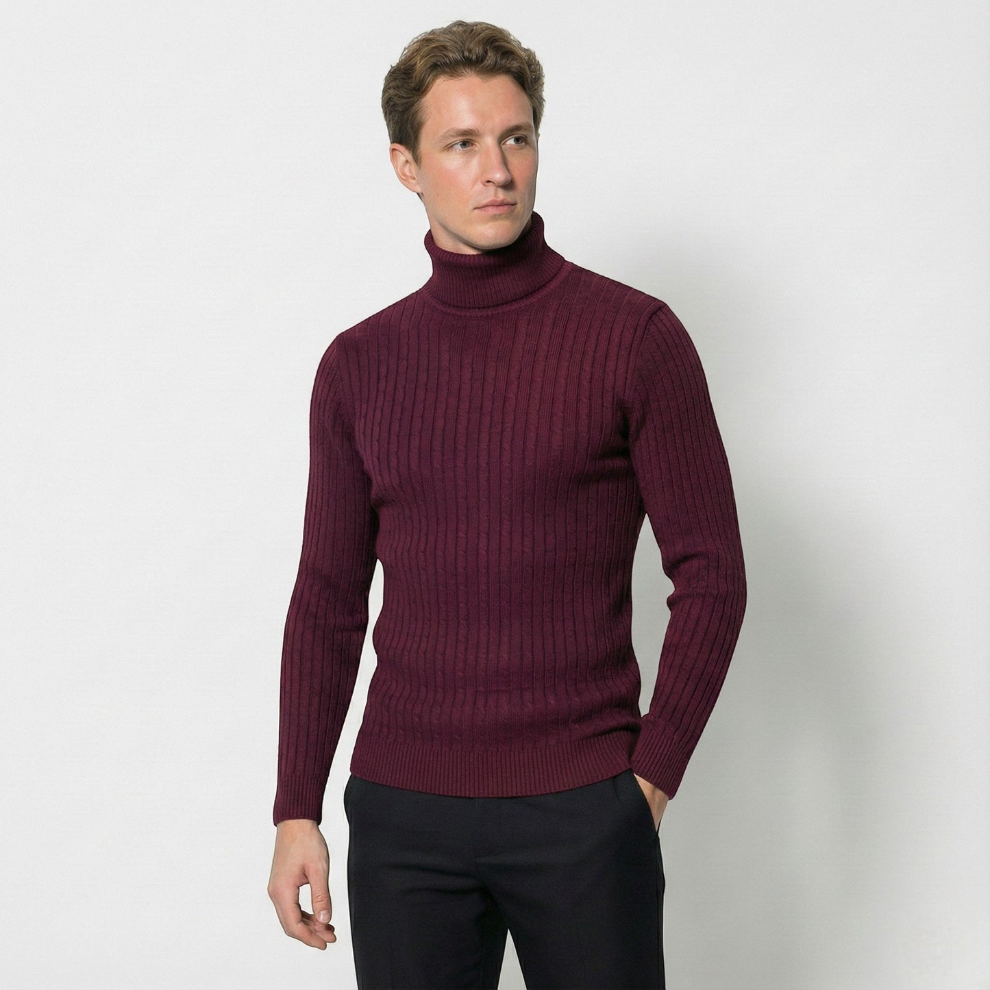 Men's grey wool cable knit turtleneck sweater tailored fit cold weather premium warmth