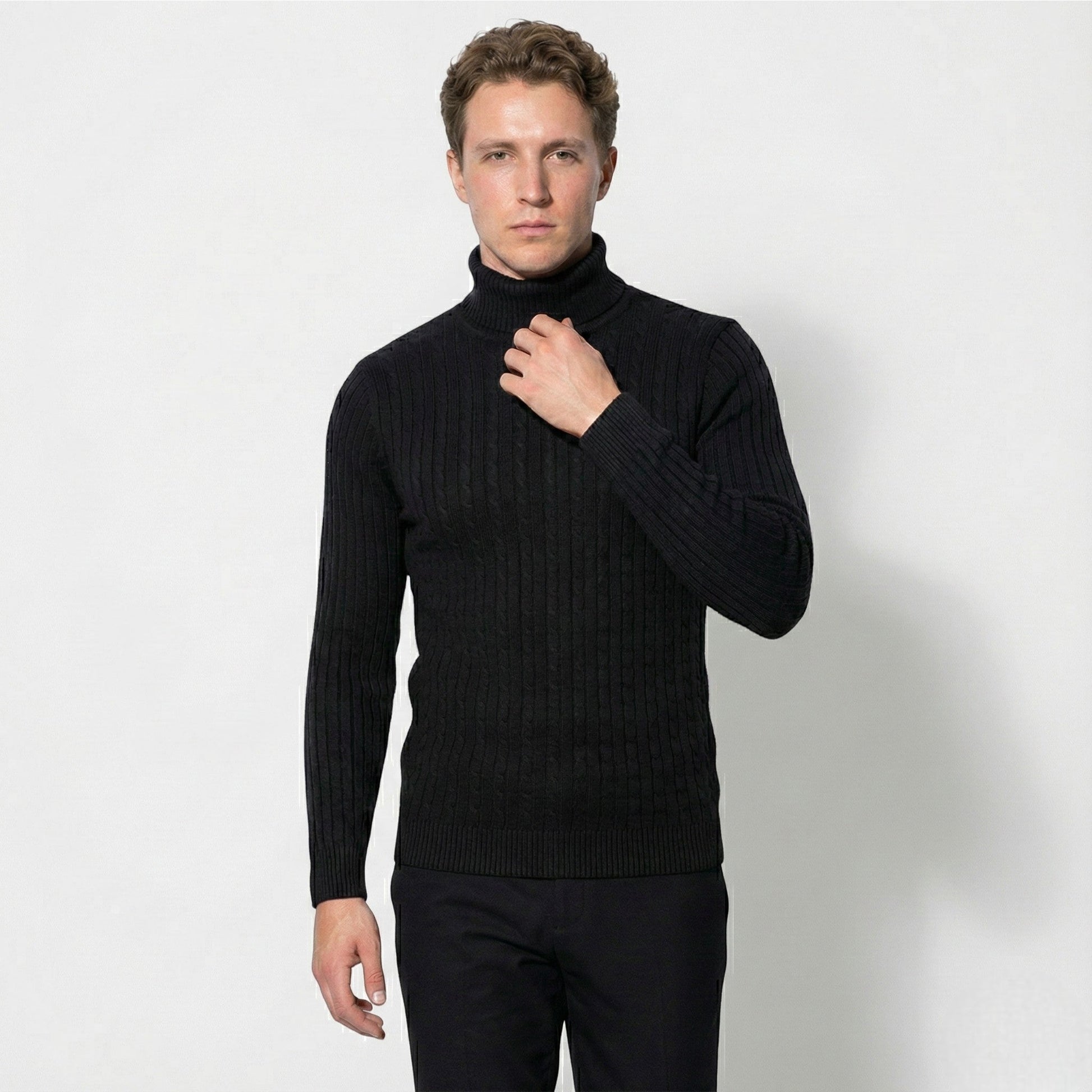 Men's dark wool cable knit turtleneck sweater, tailored fit with classic raised pattern
