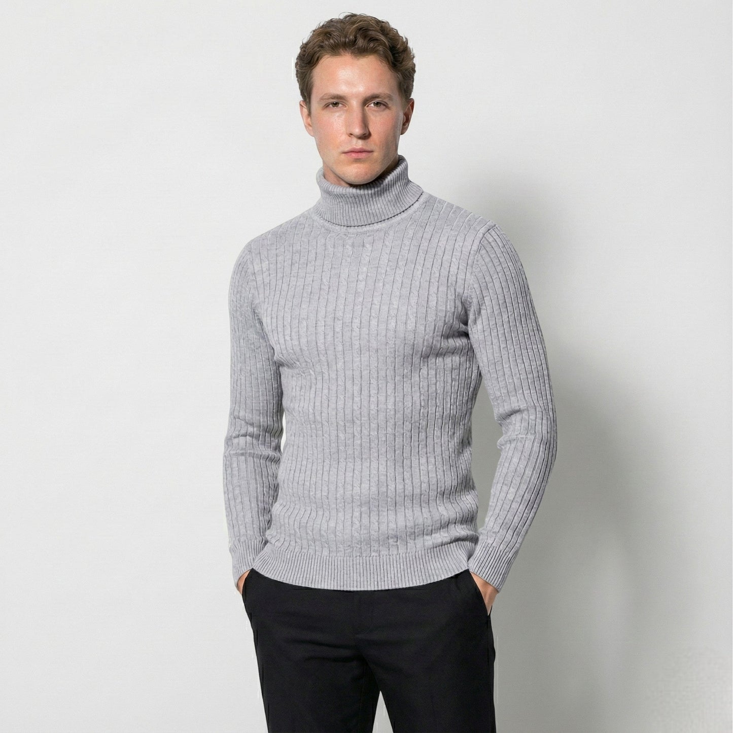 Men's dark wool cable knit turtleneck sweater, tailored fit with textured pattern for cold weather