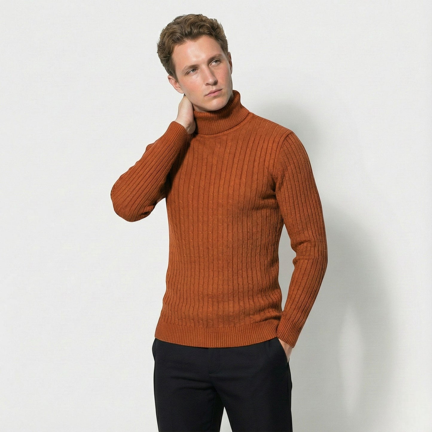 Men's dark wool cable knit turtleneck sweater tailored fit cold weather premium warmth