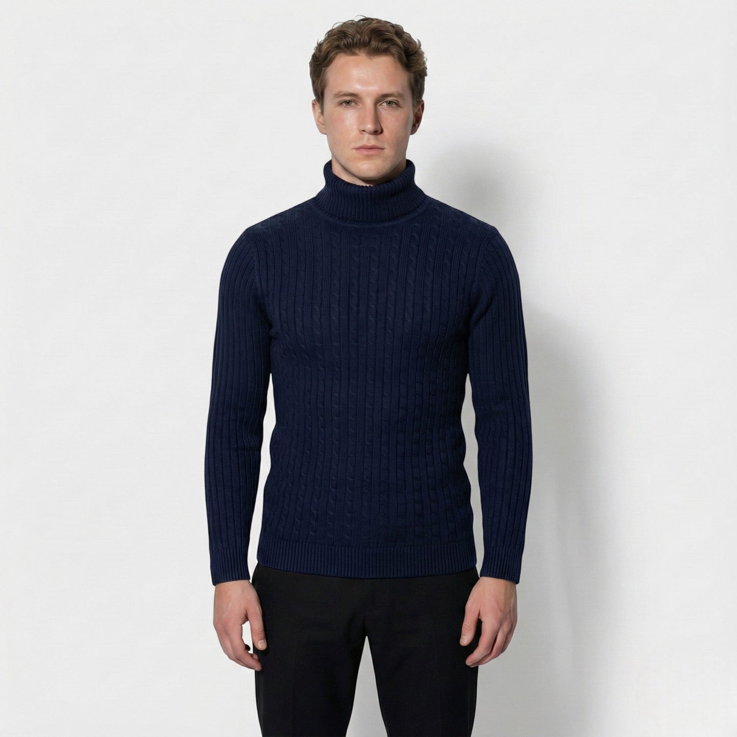 Men's dark wool cable knit turtleneck sweater, tailored silhouette with classic textured pattern