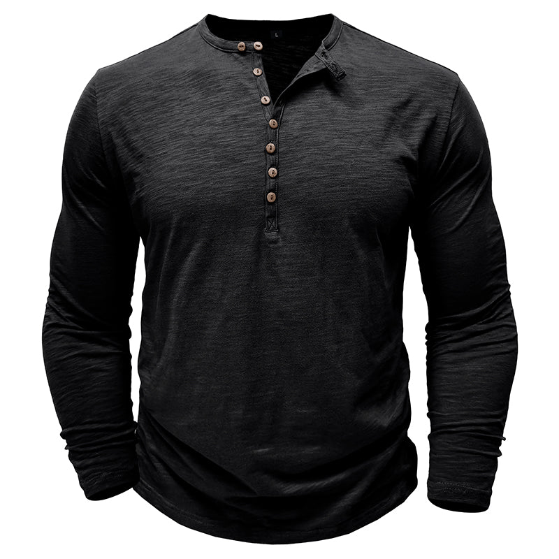 Men's long sleeve henley shirt soft breathable fabric classic button-up neckline casual layering essential