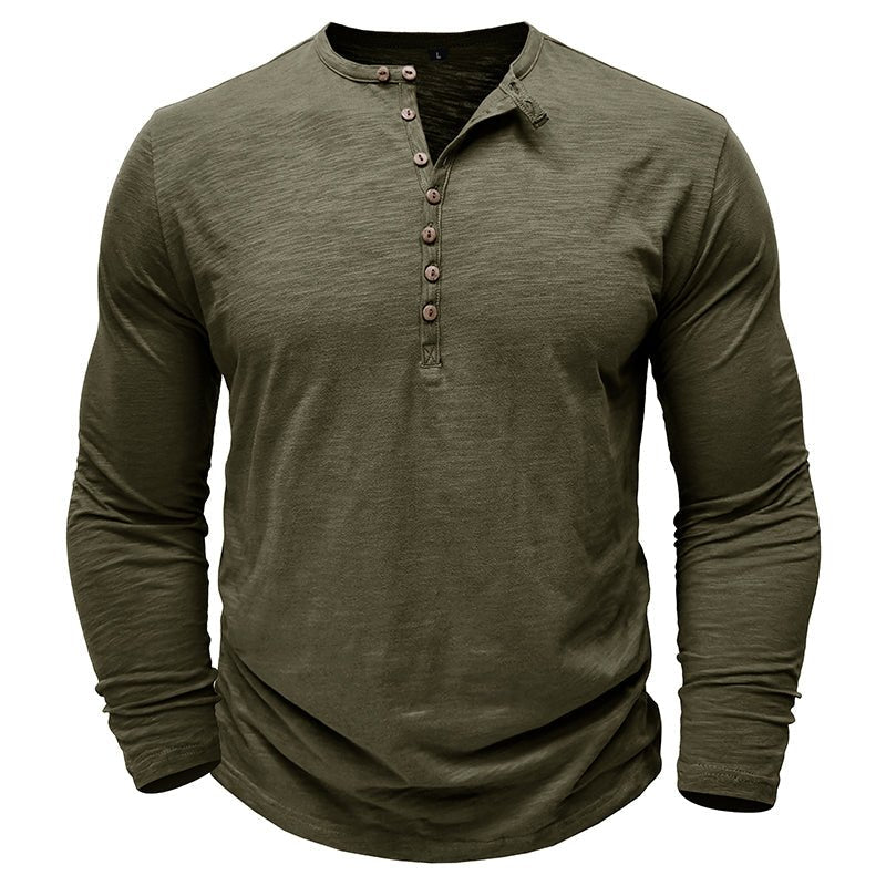 Men's long sleeve henley shirt soft breathable fabric casual layering essential with button-up neckline