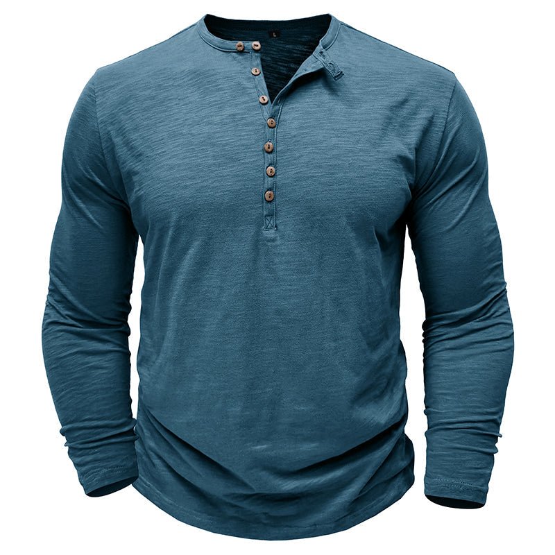 Men's long sleeve henley shirt soft breathable fabric casual layering essential with button-up neckline
