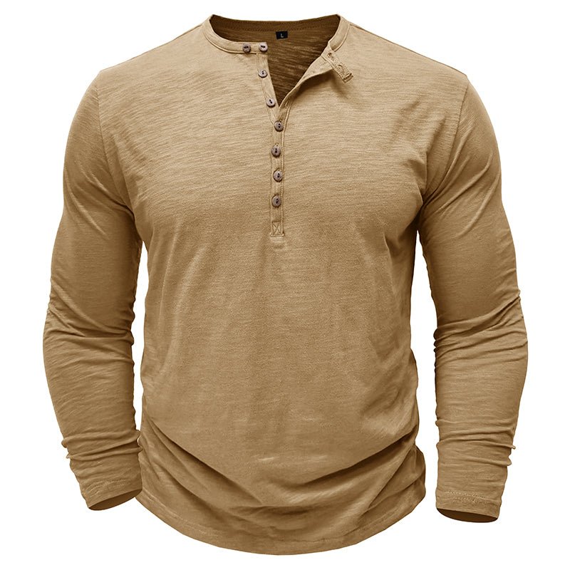 Men's long sleeve henley shirt soft breathable fabric casual layering essential with button-up neckline
