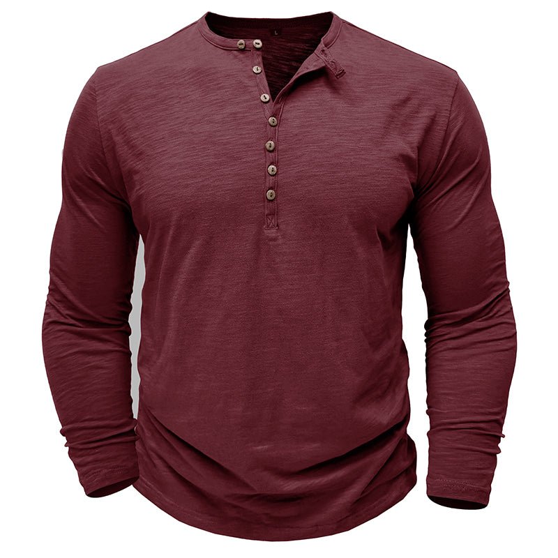Men's long sleeve henley shirt soft breathable fabric casual layering essential with button-up neckline