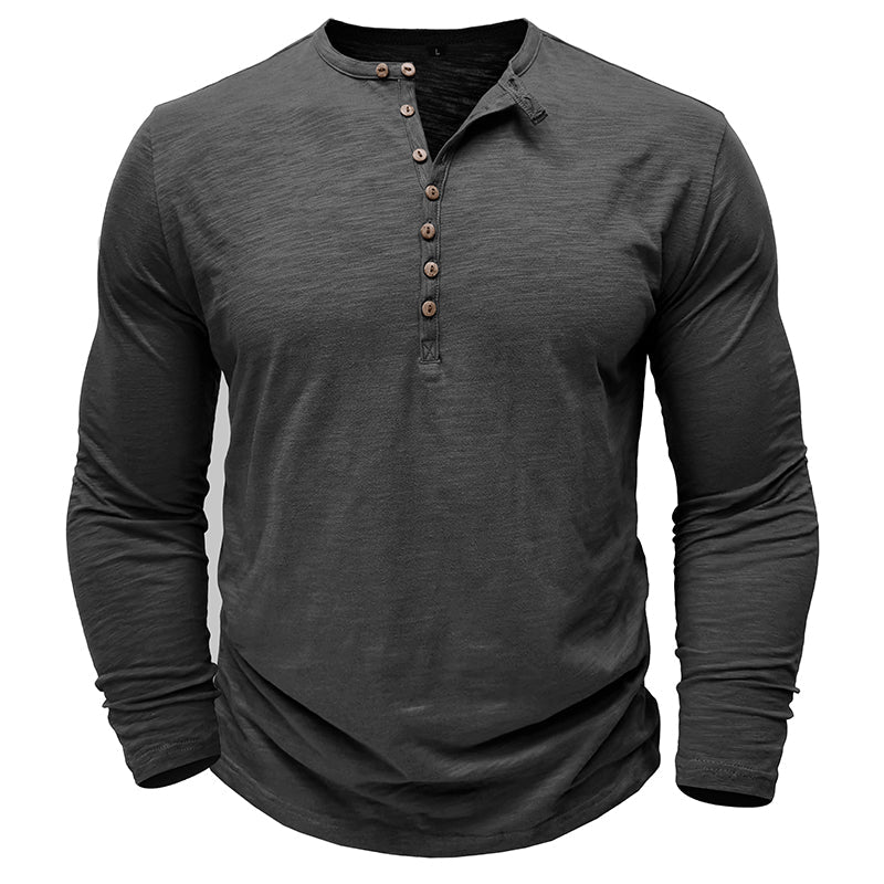 Men's long sleeve henley shirt soft breathable fabric classic button-up neckline casual layering essential