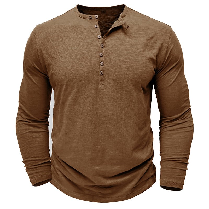 Men's long sleeve heather gray henley shirt with button-up neckline, soft breathable casual layering essential