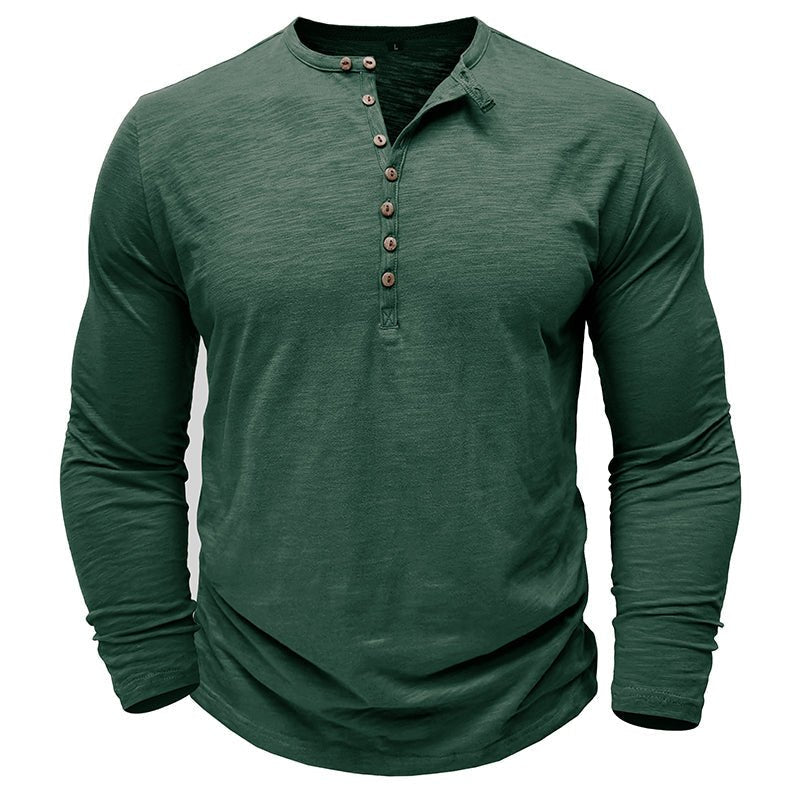 Men's long sleeve henley shirt soft breathable fabric classic button-up neckline casual layering essential