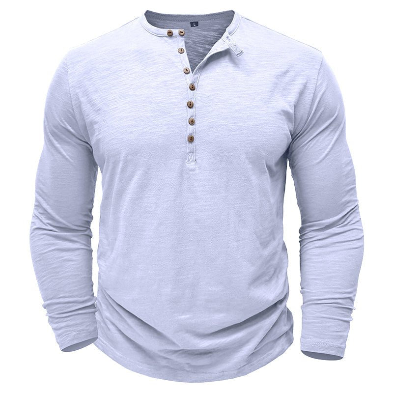 Men's long sleeve henley shirt soft breathable fabric casual layering essential button-up neckline
