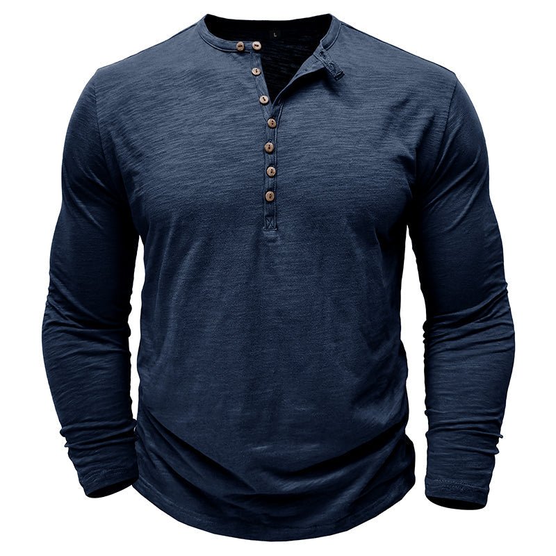 Men's long sleeve henley shirt soft breathable fabric casual layering essential with button-up neckline
