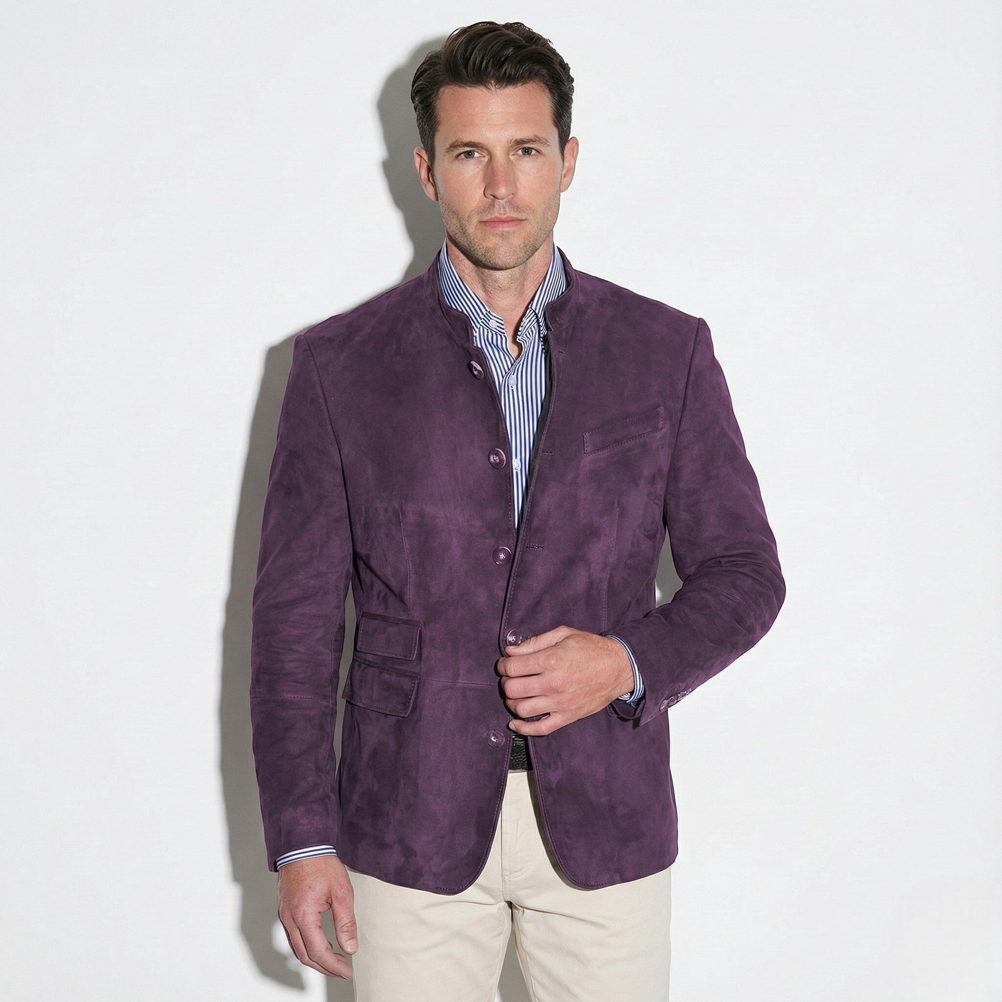 Men's navy mandarin collar blazer slim tailored fit smart casual office wear modern band collar