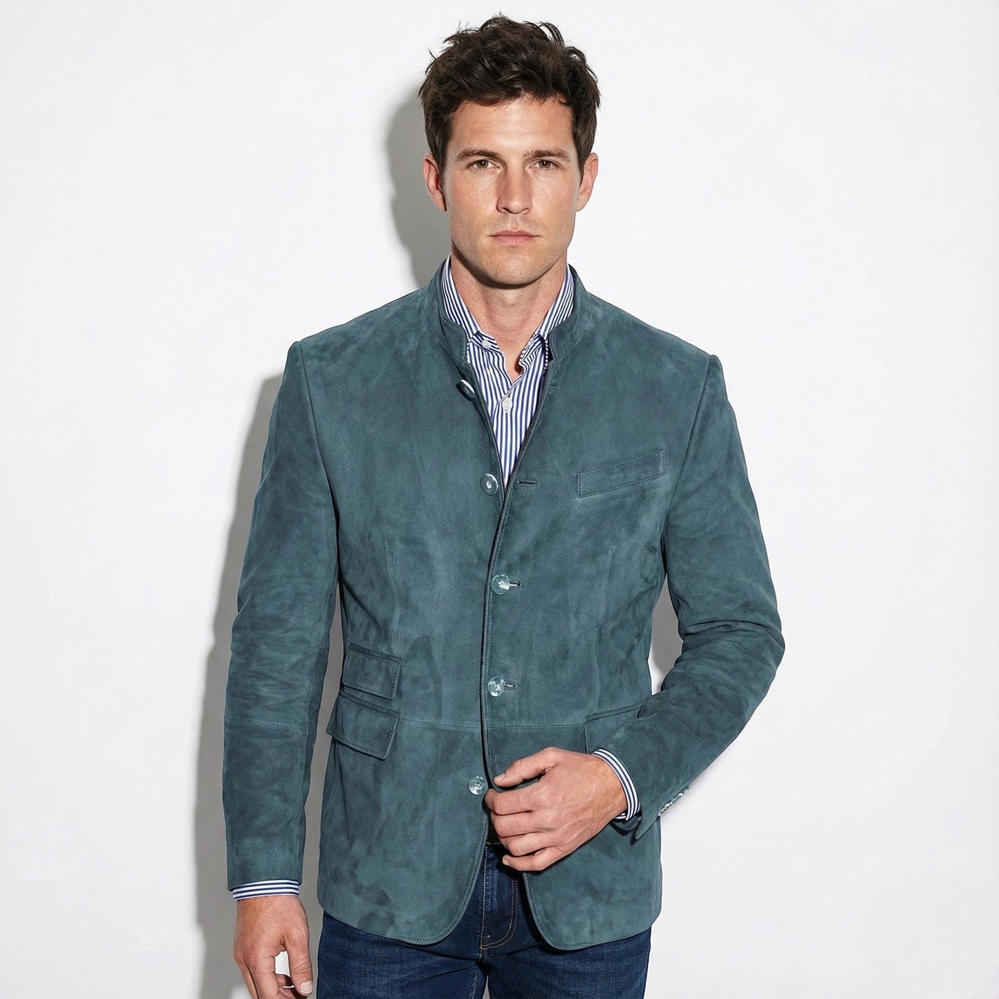Men's navy mandarin collar blazer with refined tailoring and smart casual slim fit design