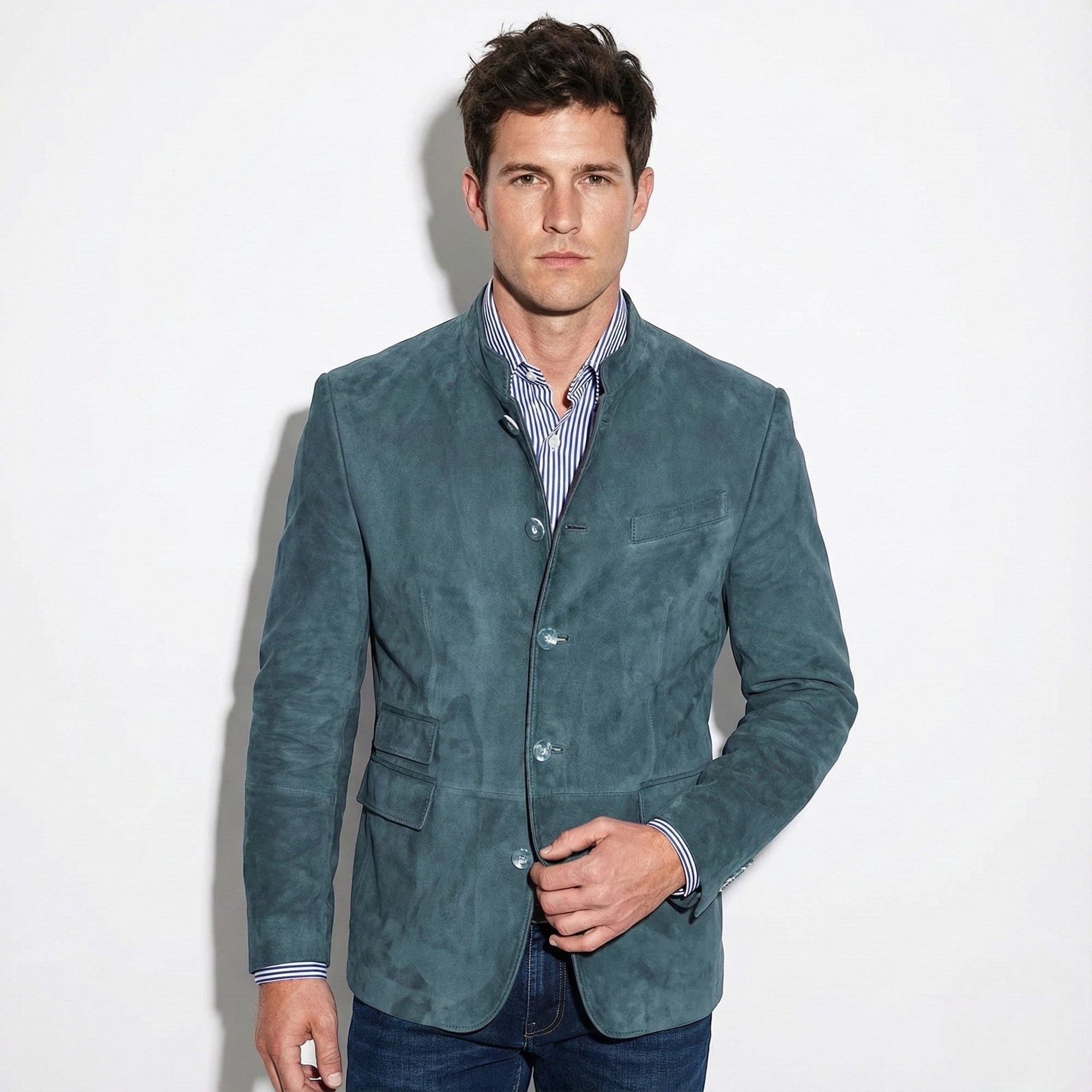 Men's navy mandarin collar blazer with refined tailoring and smart casual slim fit design