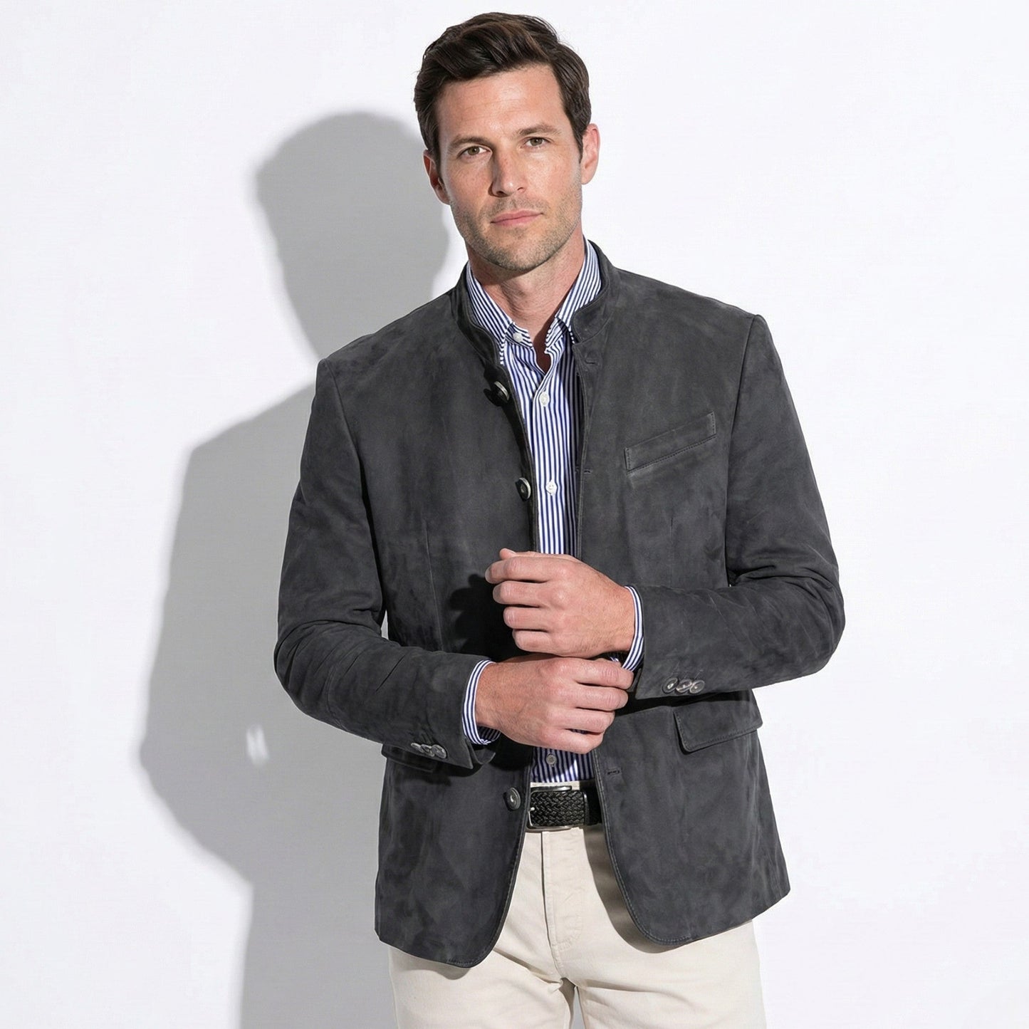Men's navy mandarin collar blazer slim fit tailored smart casual office wear clean silhouette