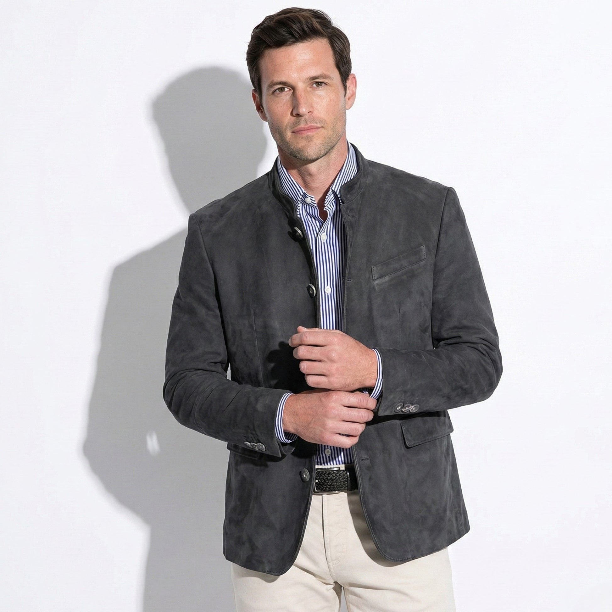 Men's navy mandarin collar blazer slim fit tailored smart casual office wear clean silhouette