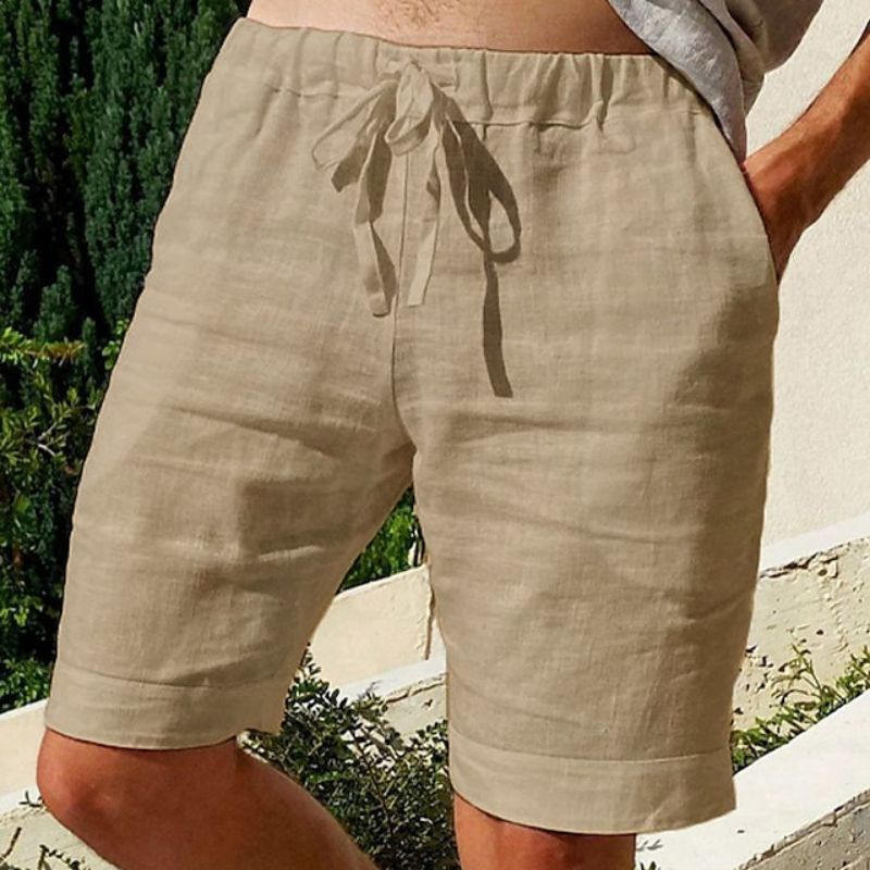 Men's breathable linen shorts elastic drawstring waist lightweight casual summer fit