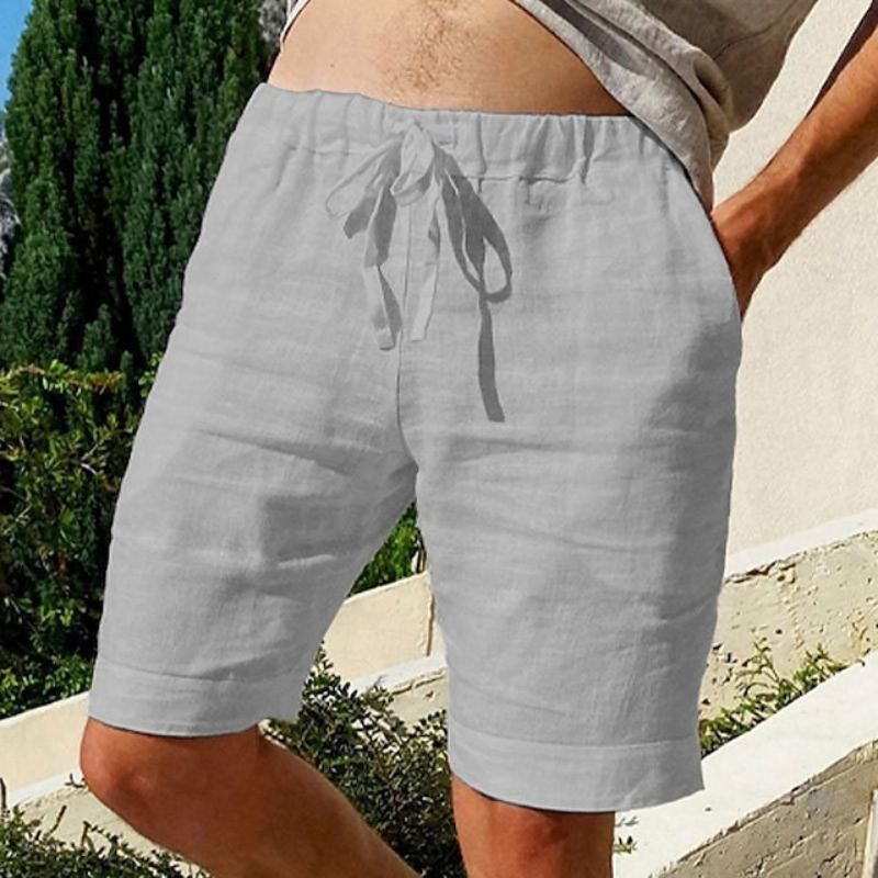 Men's beige linen shorts regular fit elastic drawstring waistband lightweight breathable summer casual