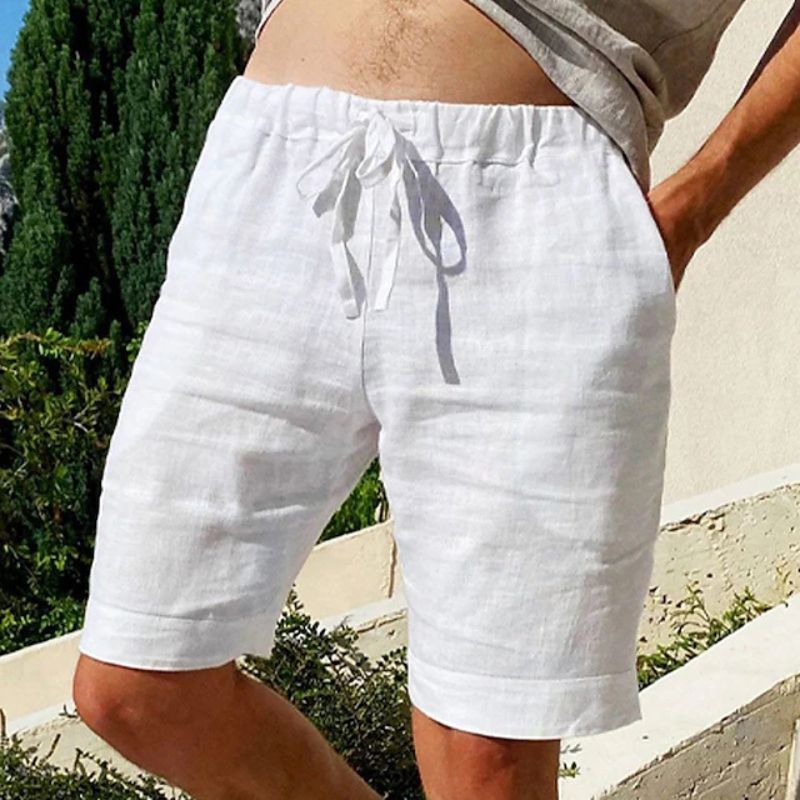 Men's beige linen shorts regular fit elastic drawstring waistband lightweight breathable summer casual