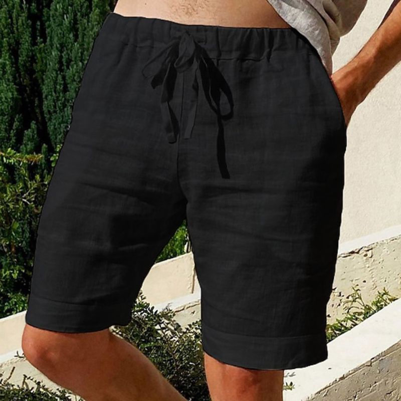 Men's beige linen shorts regular fit elastic drawstring waistband lightweight breathable summer casual