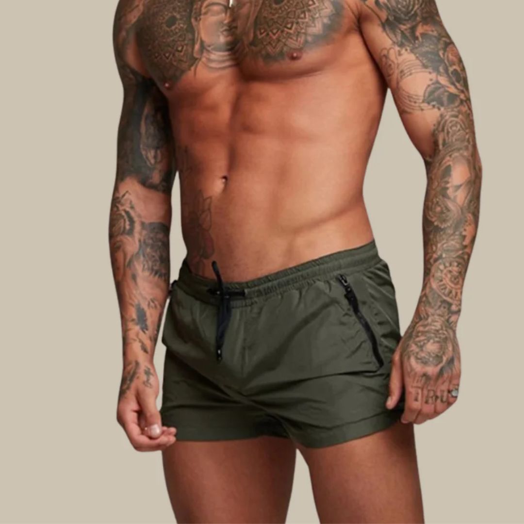 Men's slim fit swim trunks quick-dry breathable fabric zipper pockets beach active coastal style