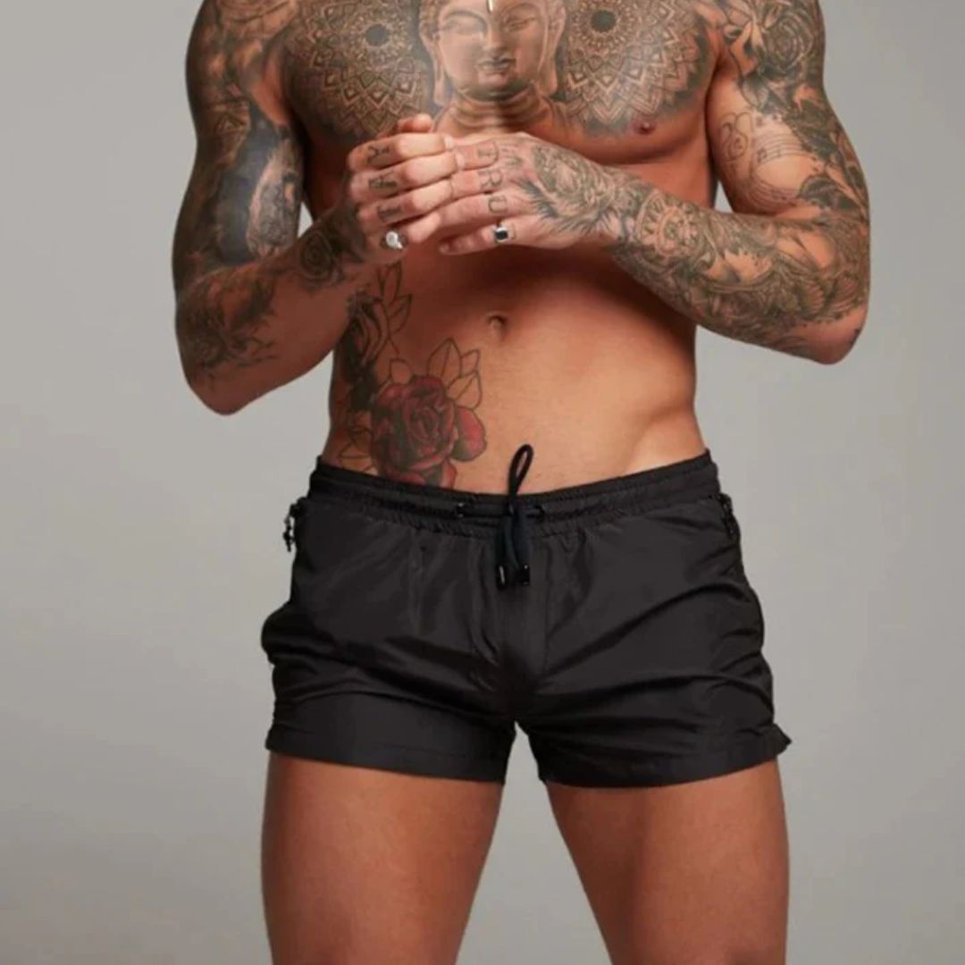 Men's slim fit swim trunks quick-dry breathable fabric zipper pockets beach active coastal style