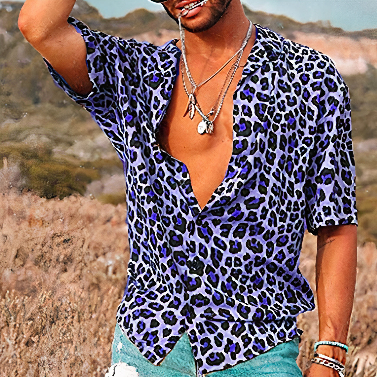 Men's leopard print casual shirt lightweight breathable bold fashion-forward summer party wear