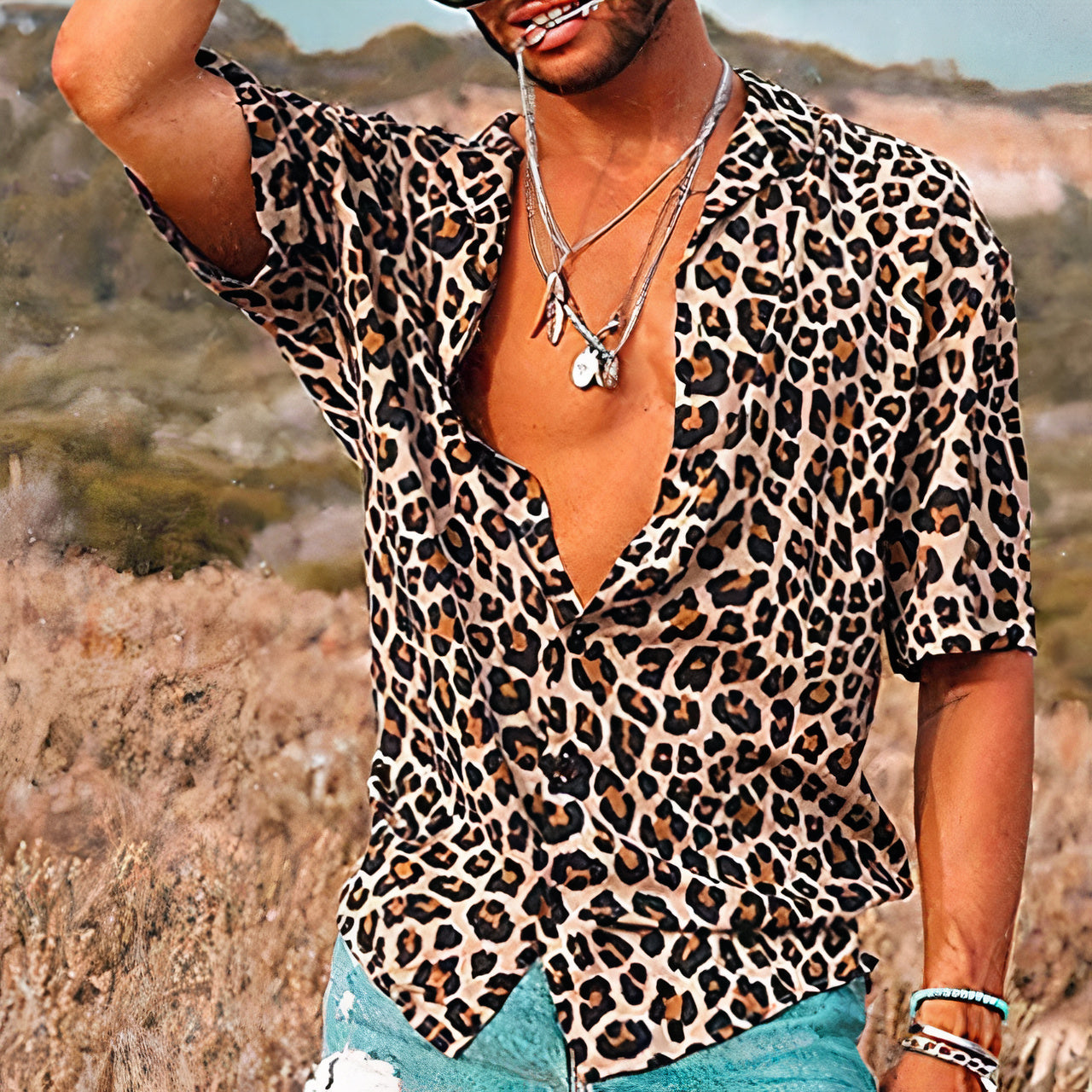 Men's leopard print shirt lightweight breathable summer casual bold fashion-forward party wear