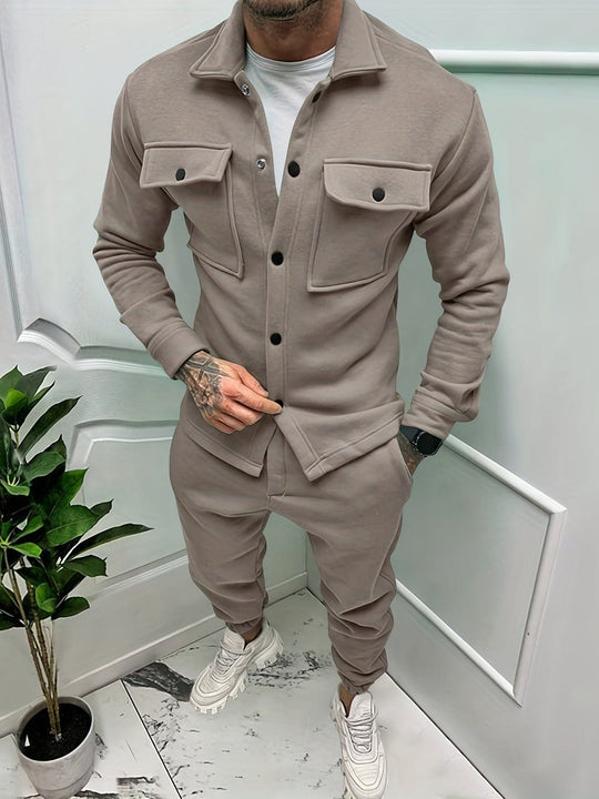 Men's two-piece tracksuit set casual fit with button chest pocket for everyday comfort