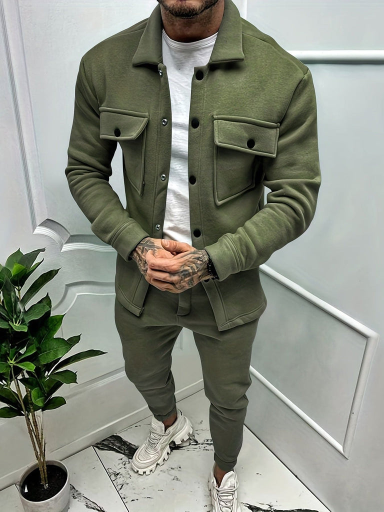 Men's two-piece tracksuit casual fit with button chest pocket, jacket and matching pants