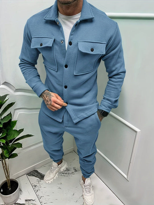 Men's two-piece tracksuit set with button chest pocket, casual relaxed fit for everyday comfort