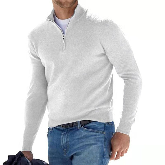 Men's casual half zip knit sweater with adjustable neckline, long sleeves, relaxed fit for layering