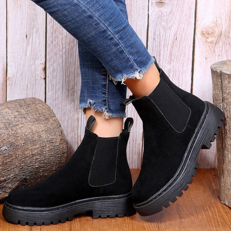 Women's chunky ankle boots faux suede slip-on style with fluffy lining and bold thick sole