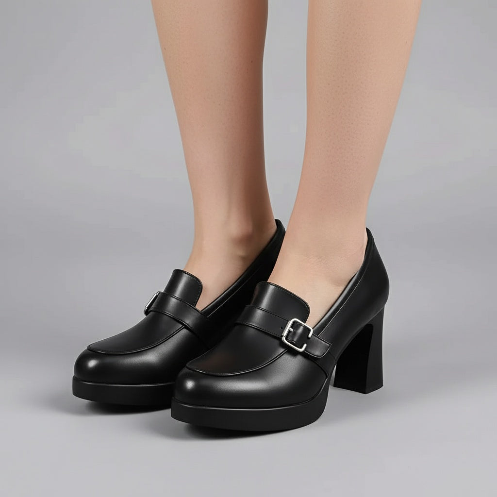 Women's Olivia black leather heels with adjustable buckle strap, elegant stiletto for formal events