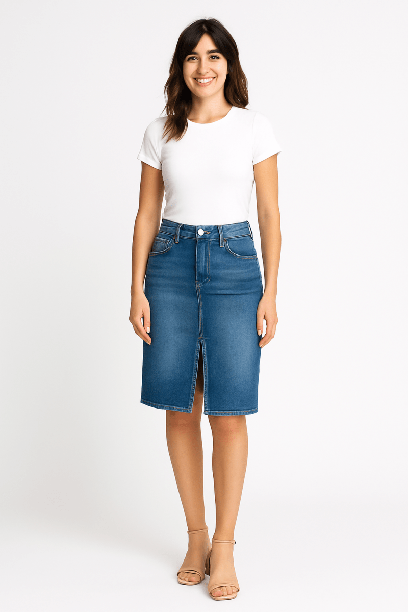 Black high-rise pencil skirt with front slit, elegant modern fit, office-ready workwear for women