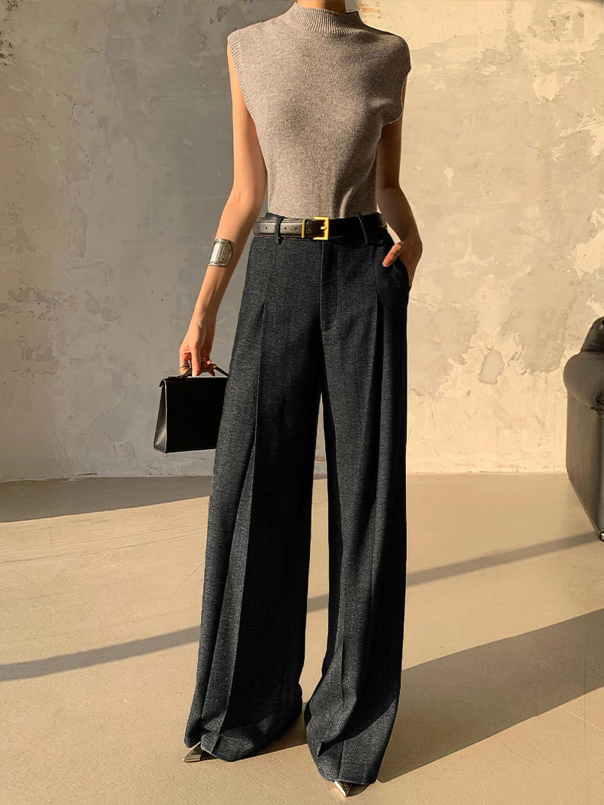 Women's high-waist pleated pants, belt-free regular fit, long length, casual chic workwear trousers