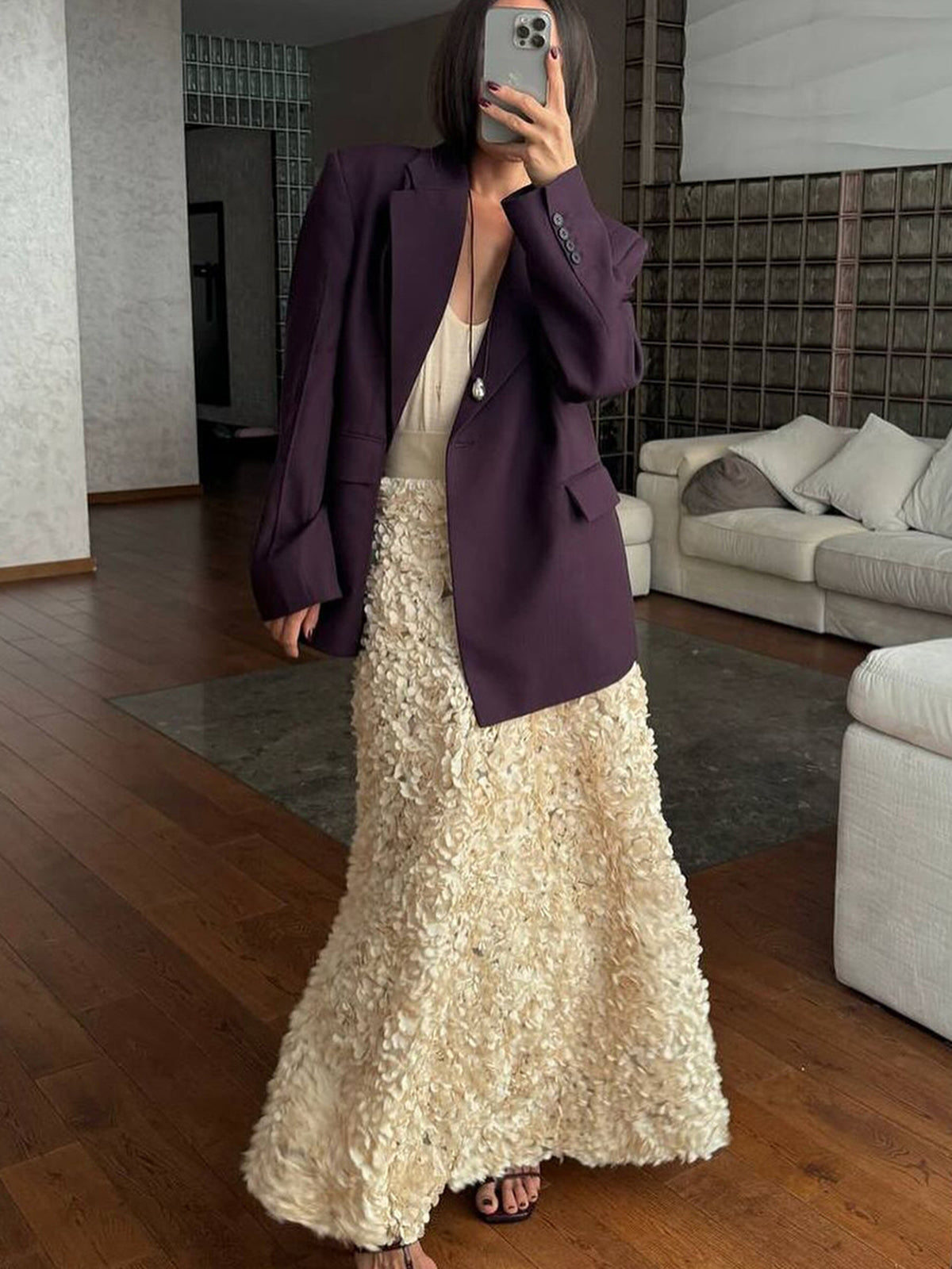 Ivory high-waist rosette jacquard maxi skirt with romantic floral texture and dimensional weave
