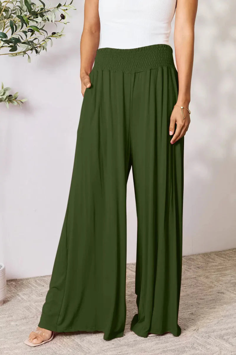Women's high-waisted wide-leg pants with smocked elastic waistband, relaxed silhouette for all-day comfort