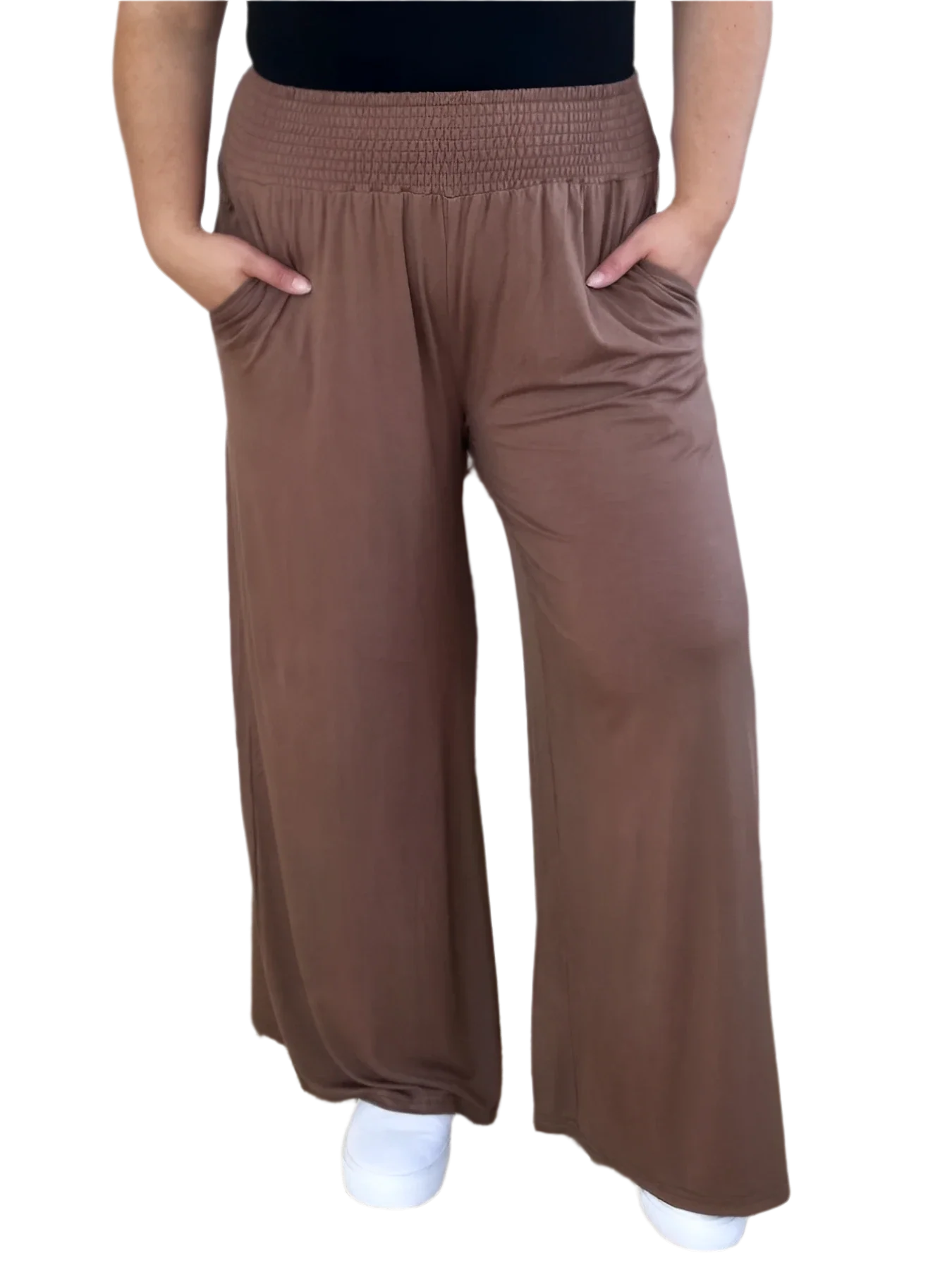 Women's high-waisted wide-leg pants with smocked waistband, relaxed silhouette in versatile neutral tone