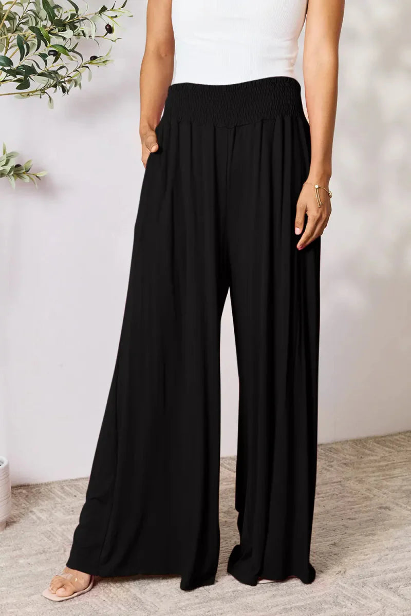 Women's high-waisted wide-leg pants with smocked waistband, lightweight rayon blend, relaxed silhouette
