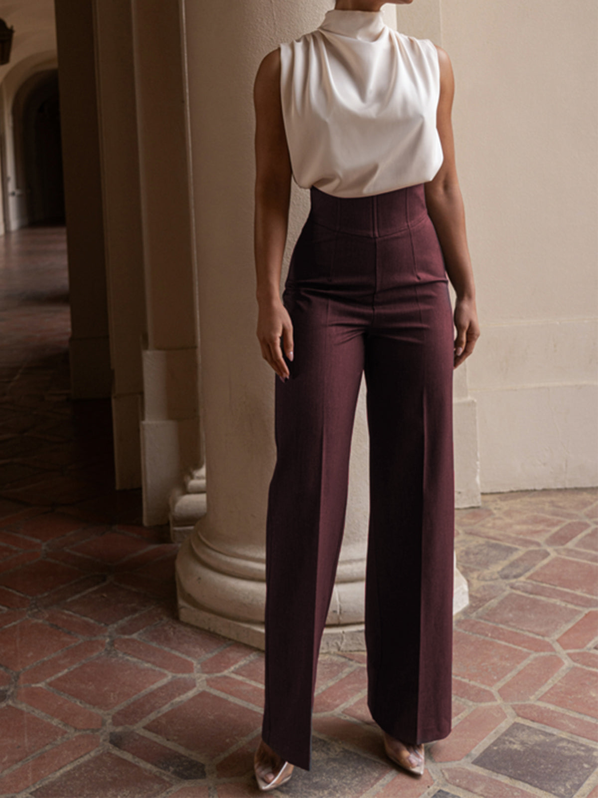 Women's high waist straight leg work pants with elegant lace-up detail, polished professional style