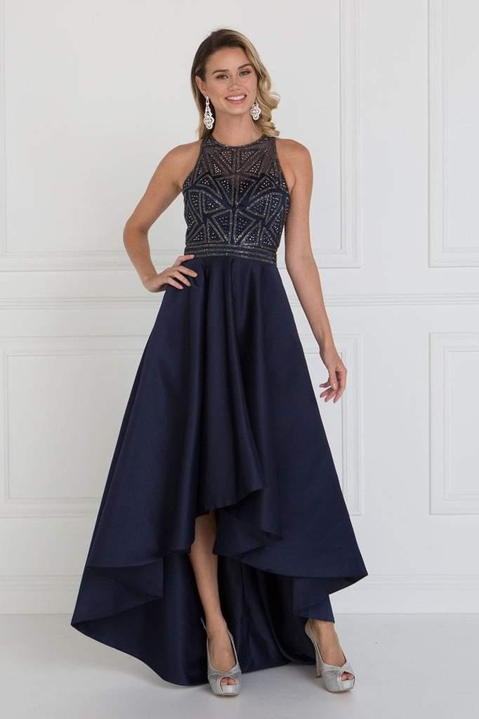 Ivory Mikado A-line high low prom dress with illusion jewel neckline and embellished bodice for teens