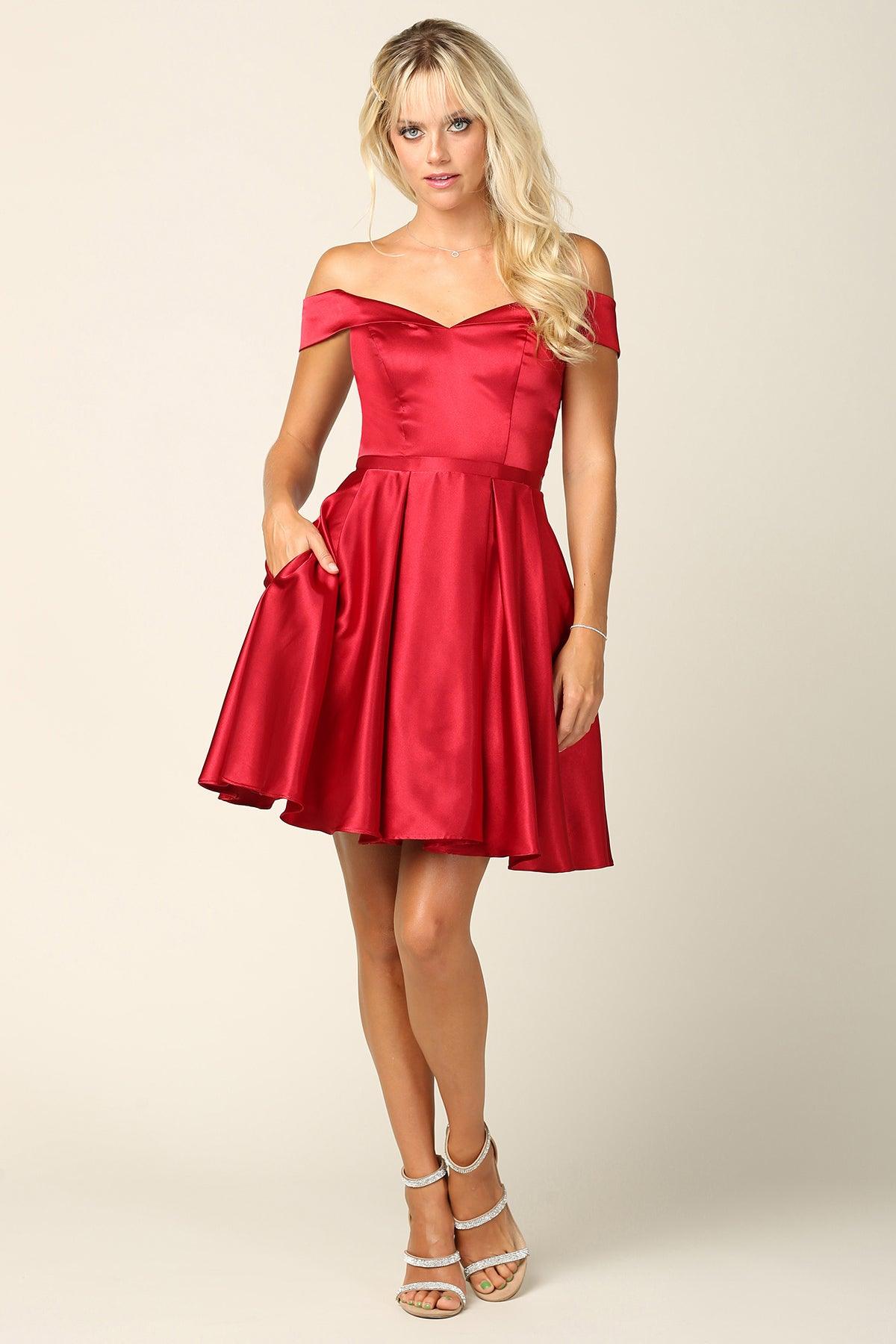 Satin off-shoulder cocktail mini dress A-line silhouette with hidden side pockets elegant women