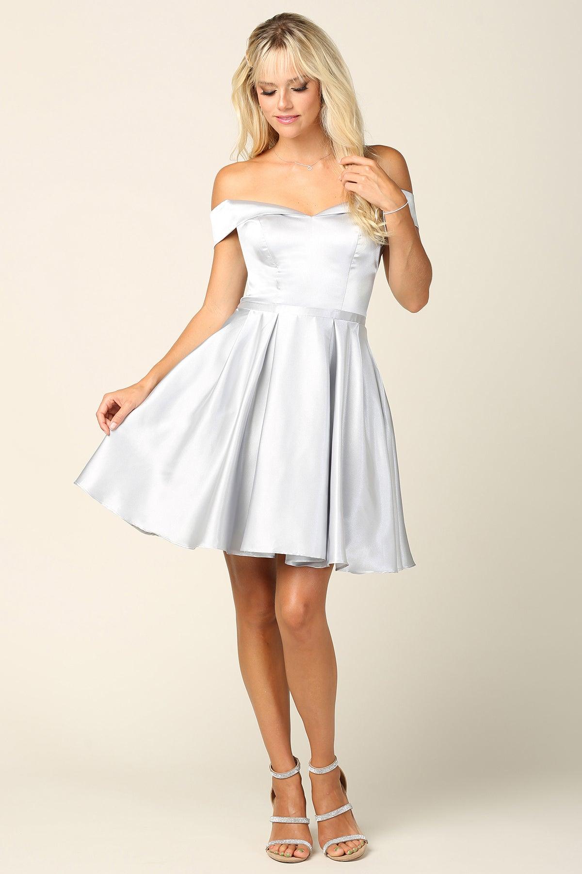 Satin off-shoulder cocktail mini dress A-line silhouette with hidden pockets elegant women