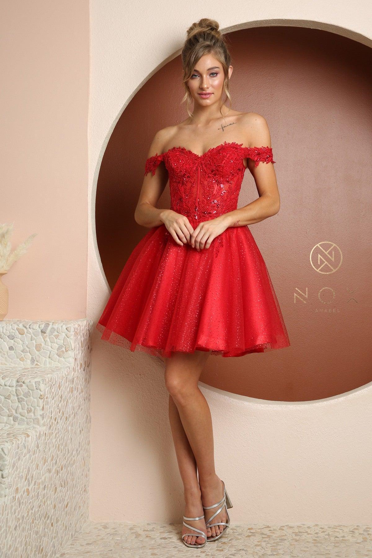 Short off-shoulder prom dress with lace applique sequins tulle overlay zipper back teen homecoming