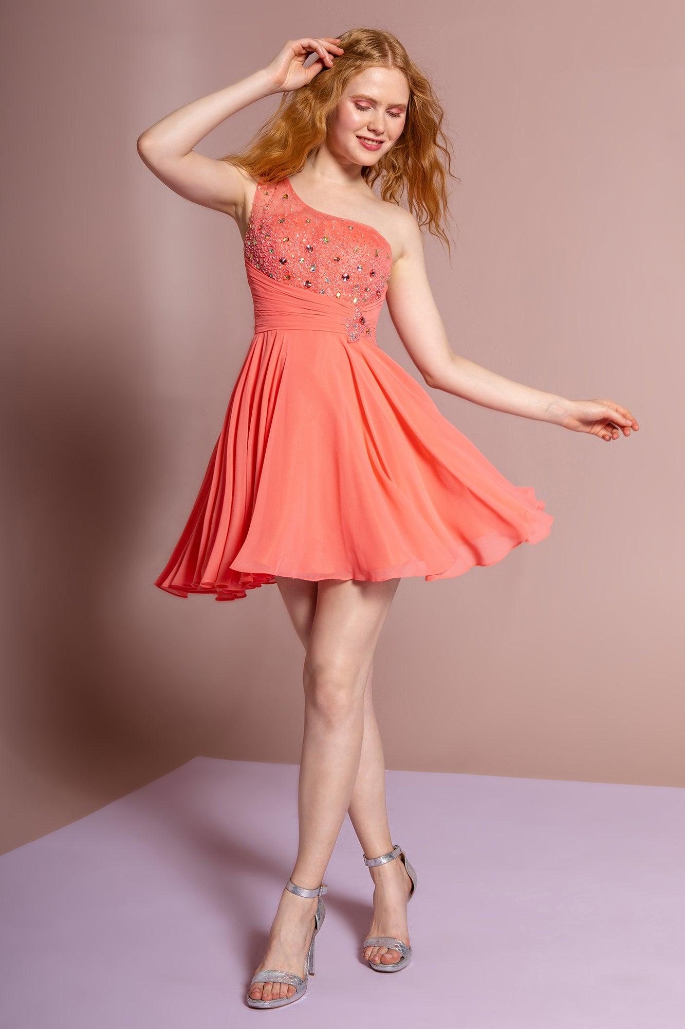 Elegant one-shoulder chiffon cocktail mini dress with soft cup inserts for prom and parties